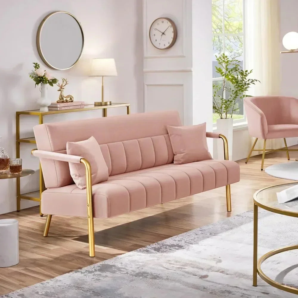 No-EN-Name-Null Modern Gold-Tone Iron Metal Padded Armrests-Legs Pink Soft Polyester Fabric Thick Cushion 2-Seater Loveseat Sofas/Colors-Green/Pink/Light Gray/Two Matching Pink Pillows/Weight Max : 600 LBS