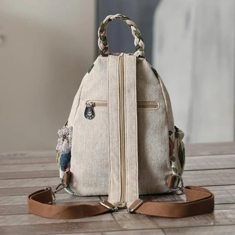 No-EN-Name-Null Women Waterproof Double Zippers Front External Pockets Multicolor Canvas Fabric Bohemian Floral Back Strays-Handle Built-In Single Compartment Lightweight Travel Backpacks/Colors-Beige/Multicolor/Floral