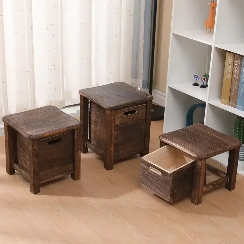 No-EN-Name-Null Modern Beige-Brown Solid Wood Square Shaped Smooth Hard Flat Top Rounded Corners One-Drawer Storage Chest Stools
