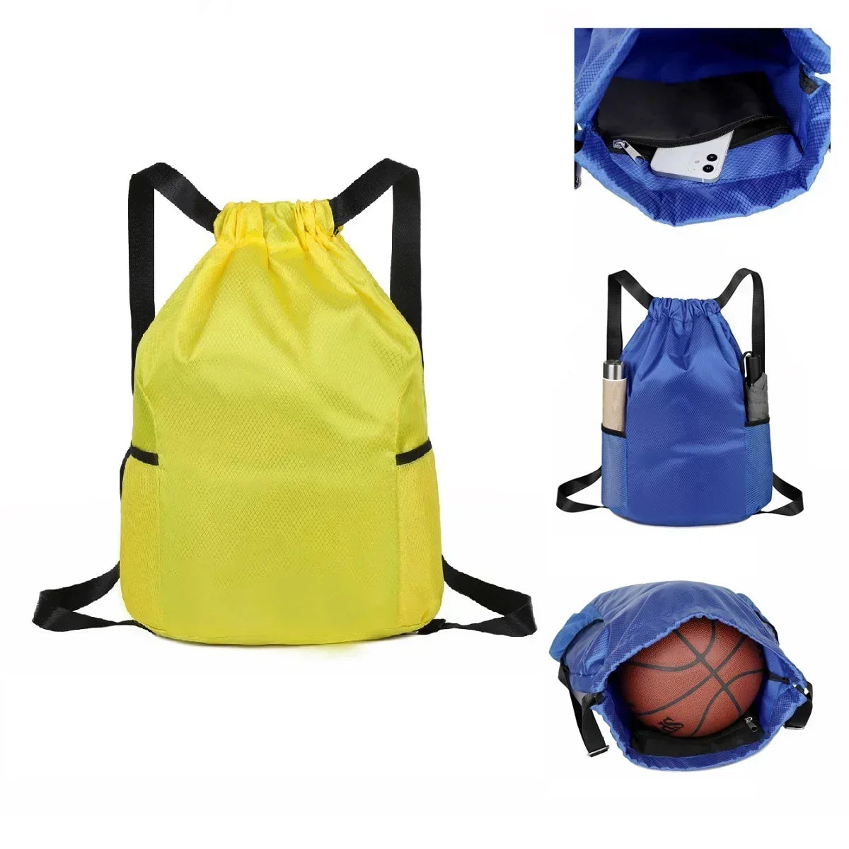 FANAN Outdoor Softback Blue Oxford Fabric Large Lightweight Polyester Lining Single Compartment Black Shoulder Straps-Handle External Double-Sided Pockets Single-Double Sports Drawstring Backpacks /Colors-Black/Blue/Yellow/Orange/Red