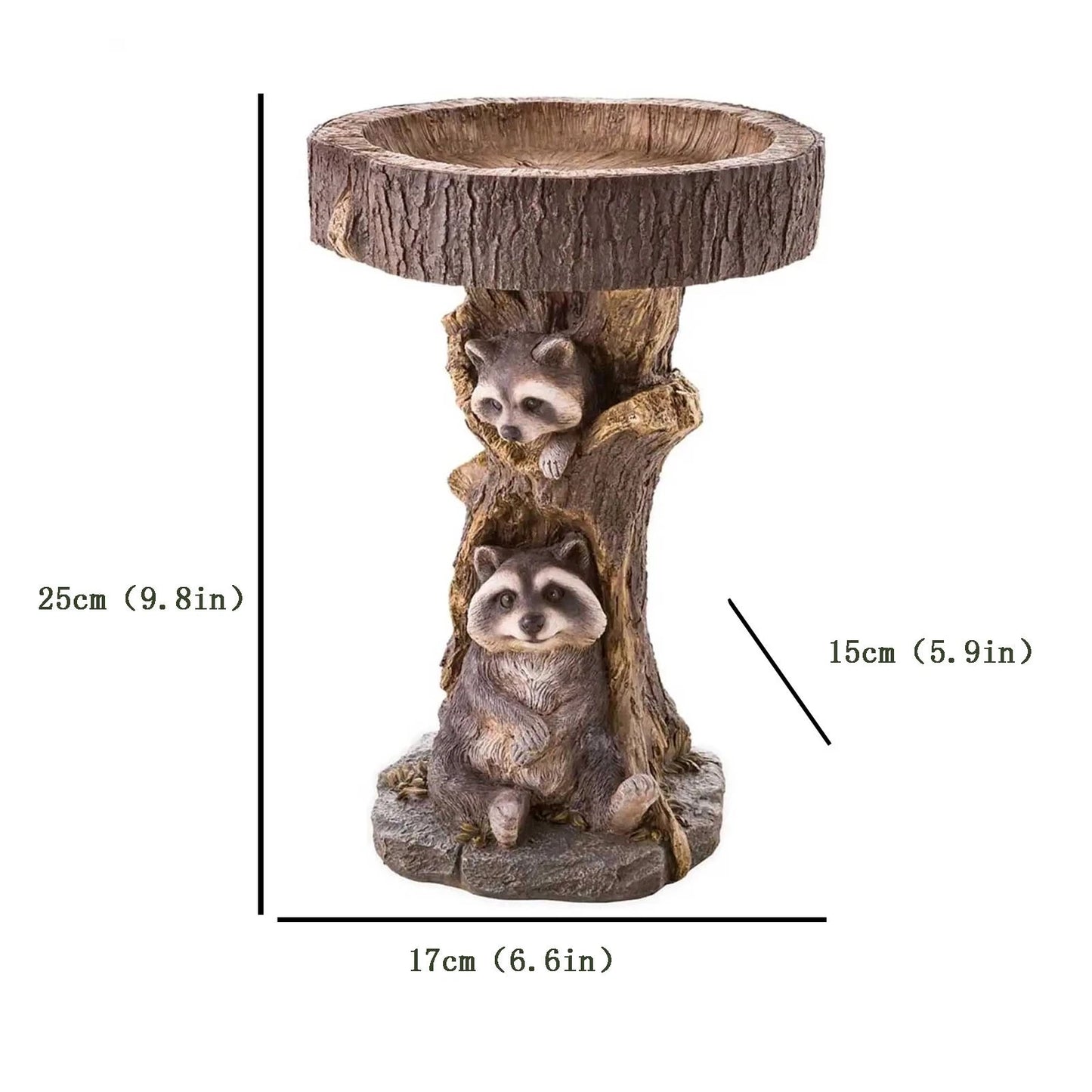 No-EN-Name-Null Home Garden Free-Standing Tree Trunk Resin Two Cardinals-Two Raccoons Animal Birdbaths/Color-Black/Gray/Animals