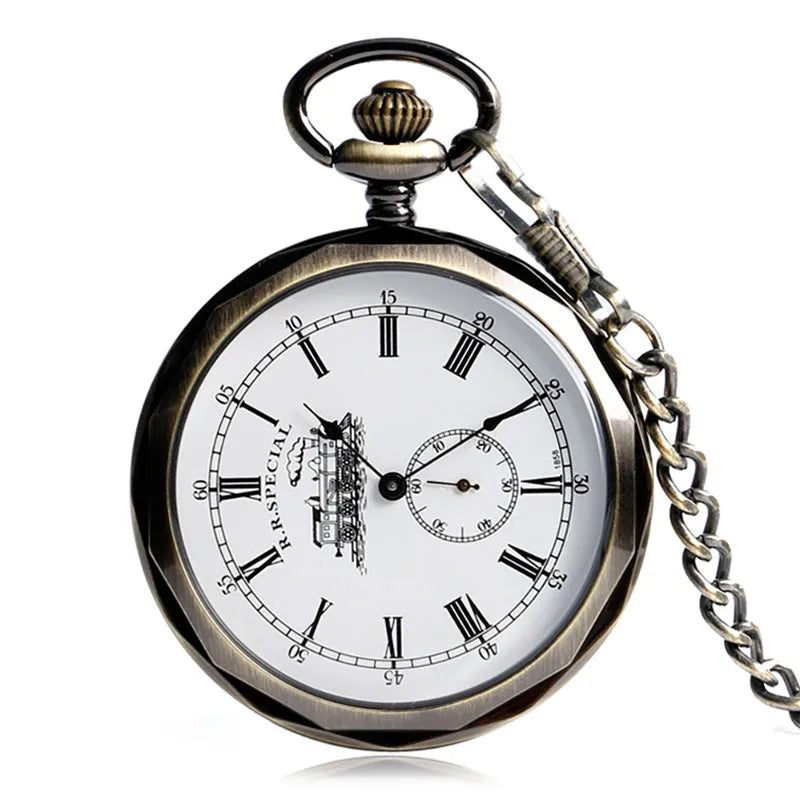 No-EN-Name-Null Adults Antique Roman Numeral Bronze Round Case Analog Display Round Acrylic Face Hand Winding Mechanical Vintage Railway Locomotive Train Design Metal Pendant Chain-Pocket Watches/Colors-Silver/White Bronze/Bronze