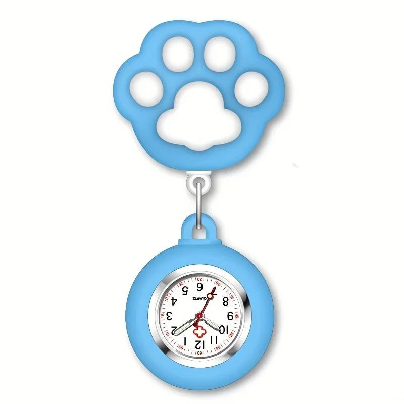 RUNERR Adults Waterproof Quartz Metal Alloy Round Shaped Glass Face Digital-Analog Display Retractable Cute Cartoon Pink Cat Paw Silicone Cover Clip-On Nurse-Doctor-Paramedic Fob Pocket Watches/Colors-Pink/Light Blue/Yellow/White