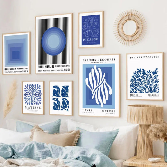 No-EN-Name-Null Modern Waterproof Ink Unframed Rectangle Canvas Blue-White Henri Matisse Bauhaus Picasso Floral Coral Leaves Art Prints/Many Sizes/Colors-Blue/White/Geometric/Multicolor/Floral