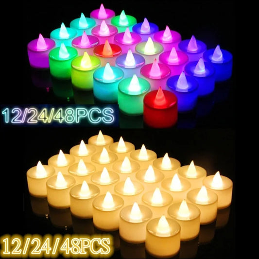 White 12-24-48 PCS Set Small Tealight Plastic Round Flameless LED Electronic Glowing Pillar Candles/Battery Included