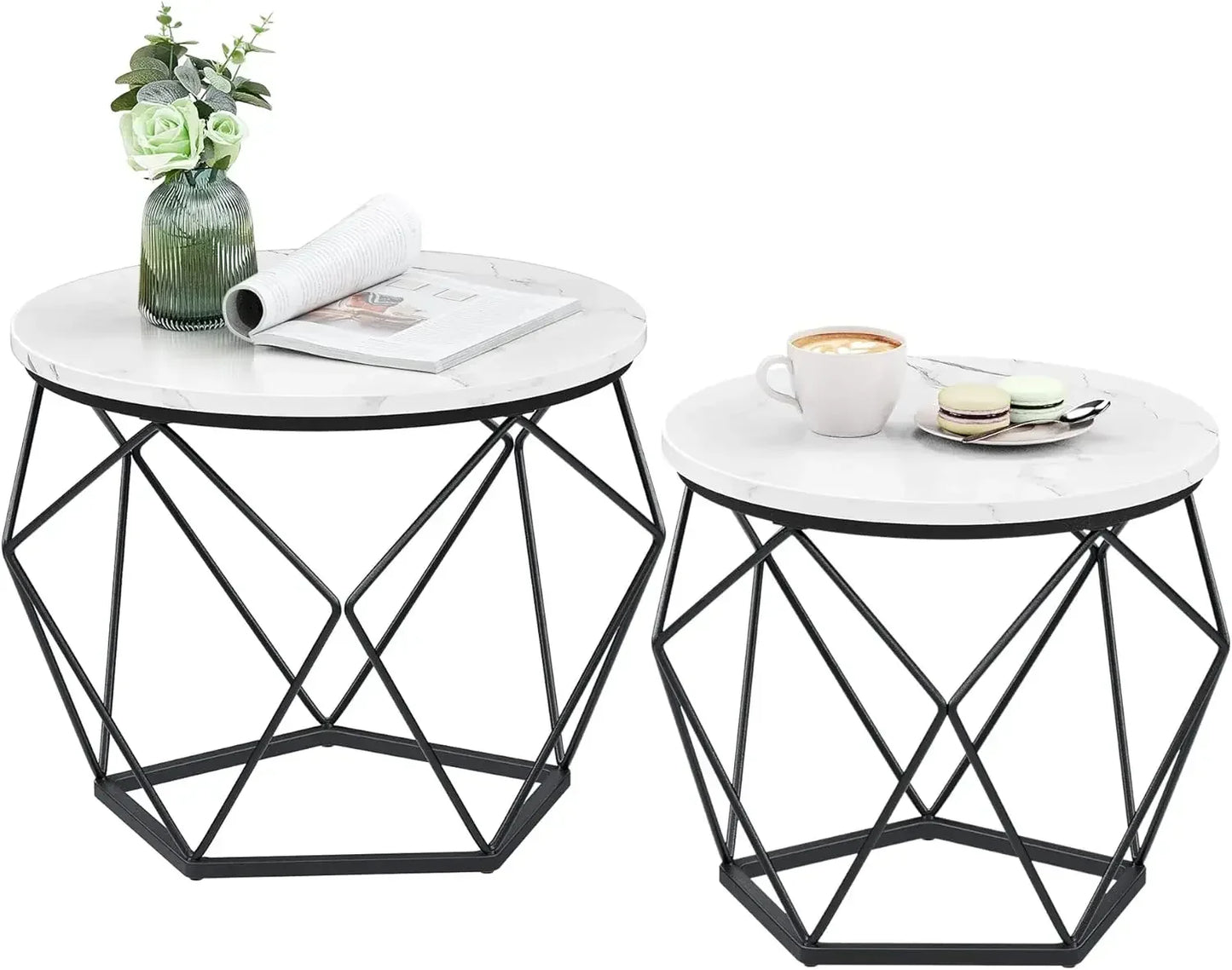 No-EN-Name-Null 2 PCS Rustic Brown Round Wood Top Steel Frame Coffee Table Sets/Colors-Rustic Brown-Black Base/Charcoal Gray-Black Base/White Marble-Black Base/Beige-Black Base/Size:( Large Size) 19.7cm W x 15.7cm H/( Small Size) 15.7cm W x 14.2cm H