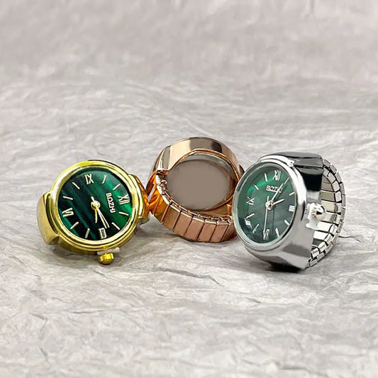Unisex Metal Vintage Round Finger Watch Glass Mirror Quartz Elastic Band Charm Rings/Colors-Gold/Green/Silver