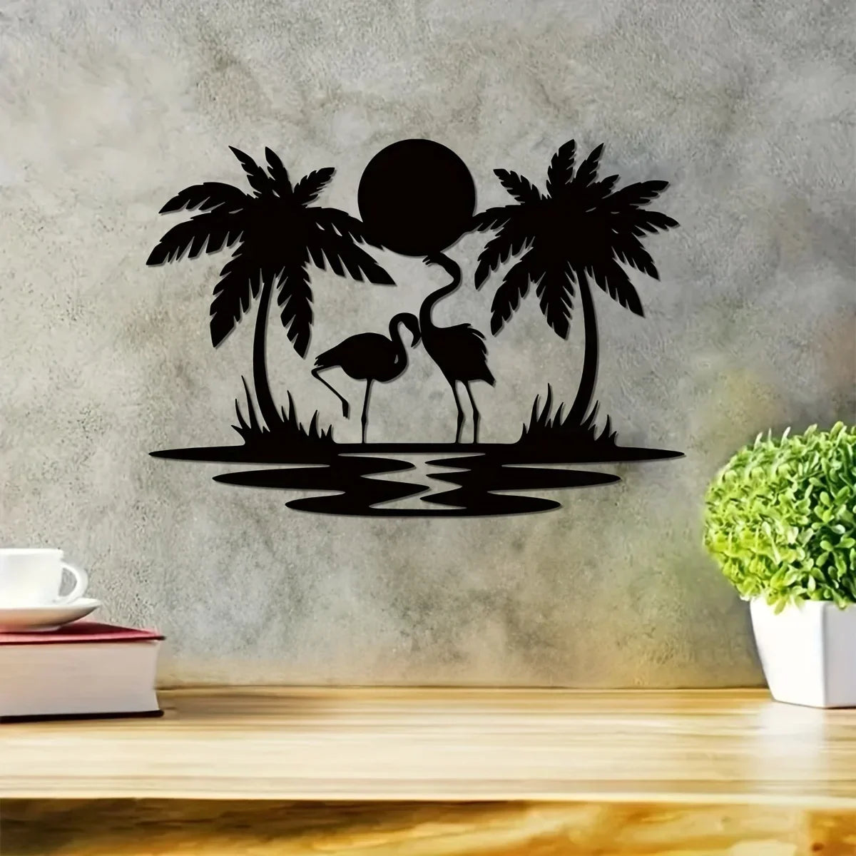 HELLOYOUNG Black Iron Metal Nature Palm Tree-Two Flamingo-Sunset On Water Design Wall Art Novelty Signs/Size: Length 21 cm/8.3 inches/Wide 30 cm /11.81 inches/Colors-Black/Multicolor