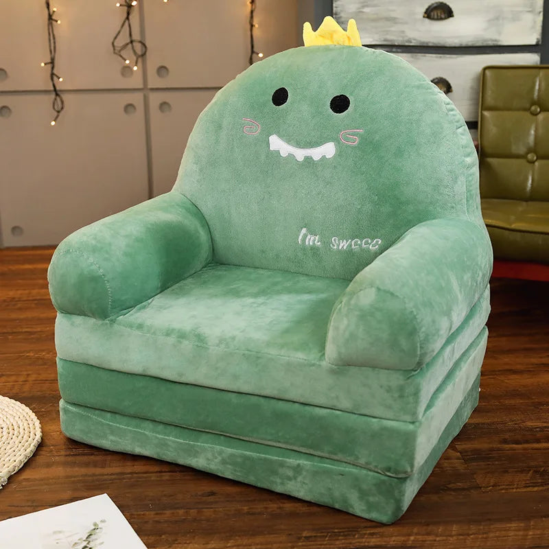 MDNG Modern Kids Customized Upholstered Padding Cute Soft Gray Velvet Fabric Cartoon Animal Faces Folding-Out Play Arm Chairs/Sponge Filling/Colors-Green/Pink/Yellow/Gray/Animals