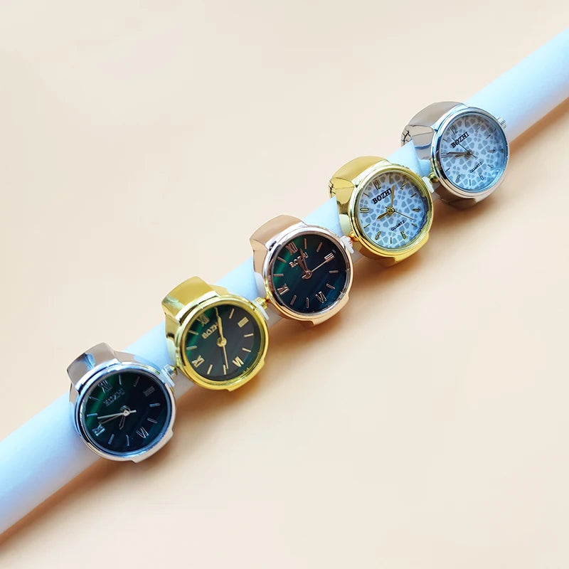 Unisex Metal Vintage Round Finger Watch Glass Mirror Quartz Elastic Band Charm Rings/Colors-Gold/Green/Silver
