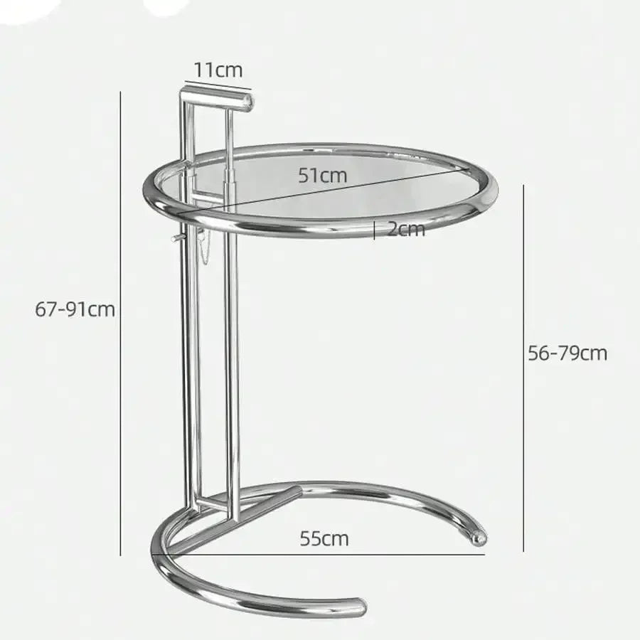 No-EN-Name-Null  Modern Round Shaped Liftable Clear Glass Tabletop C-Shaped Silver Stainless Steel Frame End Tables/Colors-Transparent Color/Gray/Brown