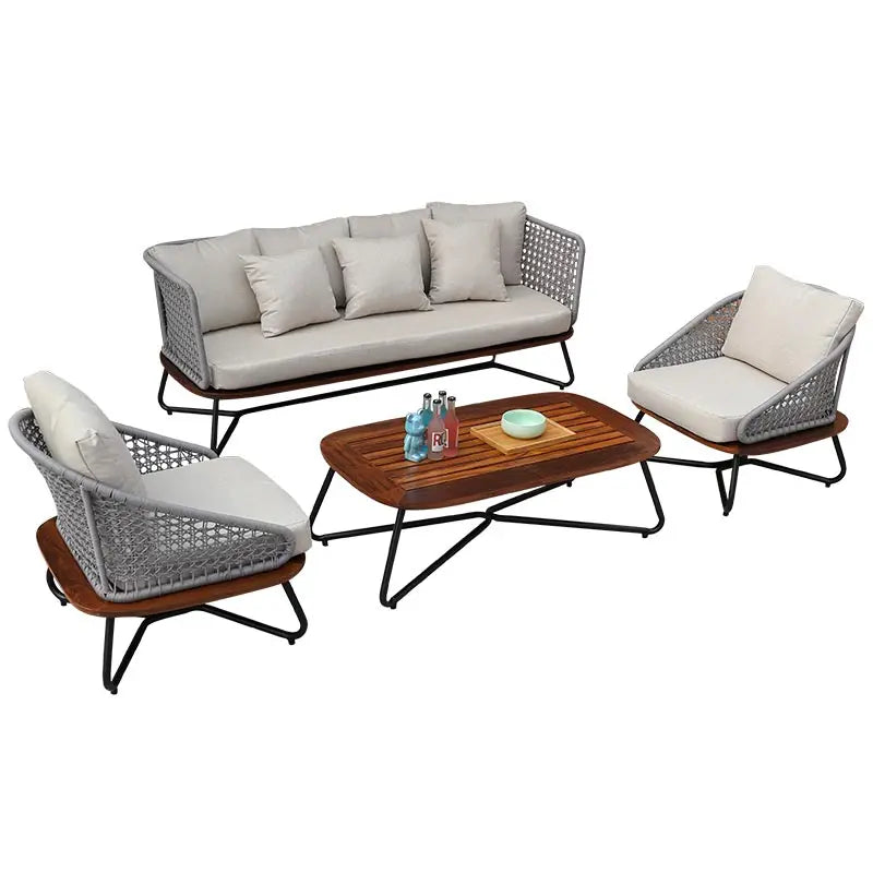 No-EN-Name-Null Outdoor Waterproof Beige Cushions Brown Solid Pineapple Wood Sitting Board Light Gray Plastic Mesh Backrest Black Aluminum Metal Base Patio Sofa Sets/ 2 Solid Wood Sitting Board Chairs/  1 Solid Wood Sitting Board Coffee Table