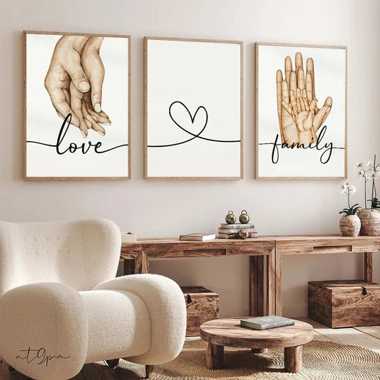 No-EN-Name-Null Nordic Unframed White-Beige Rectangle Artwork Reproduction Oil Canvas Romantic Lovers Holding Hands-Heart Shaped In The Middle-Family Prints /Colors-White/ Beige/Many Sizes