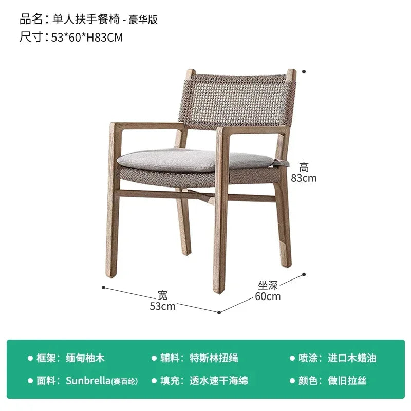 No-EN-Name-Null Outdoor European Free-Standing Brown Rectangle Shaped Wood Frame Table-Bench-Six Mesh Backrest Fabric Beige Cushions Chairs Sets/Colors-Brown/Beige