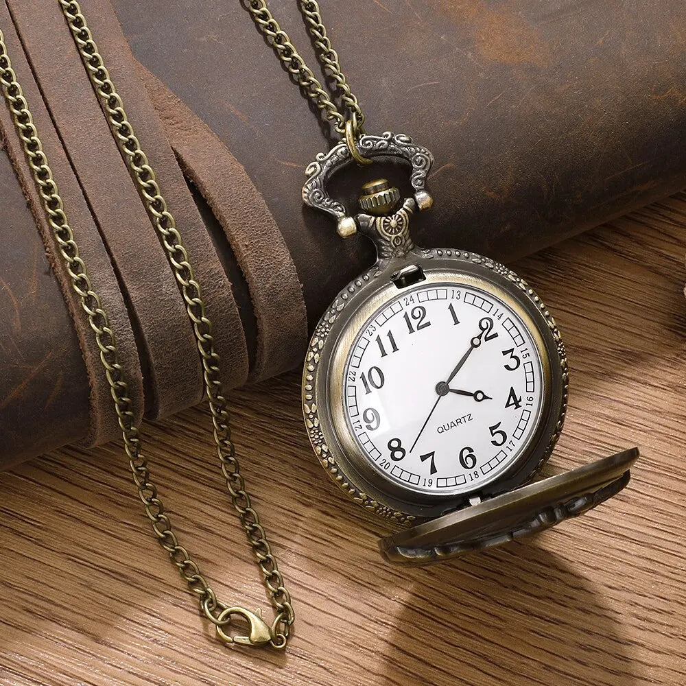 No-EN-Name-Null Adults Waterproof Antique Quartz Analog Display Bronze Round Shaped Metal Alloy Case Glass Face Engraved World Globe Behind Motorcycle Design Chain-Pocket Watches