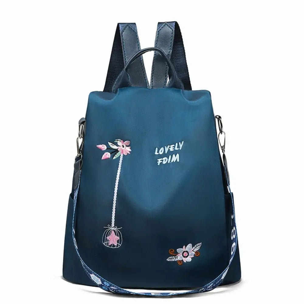 Women Modern Double Zippers Exterior Pockets Waterproof Black Oxford Fabric Floral Embroidered Flowers Design Polyester Lining Two Adjustable Straps-Two Handle Travel Backpacks/Single Compartment/Colors-Black/Pink/Blue