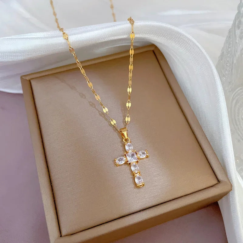 No-EN-Name-Null Women Fine Imitation Stainless Steel Metal Gold-Plated Clear White Shiny Crystal Cubic Zirconia Diamond Accents Stones Hollow Out Cross Pendant Necklaces/Colors-Gold/Silver/Clear/White/Pink/Green