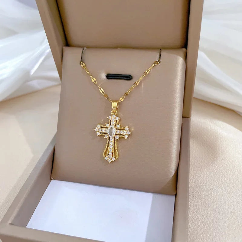 No-EN-Name-Null Women Fine Imitation Stainless Steel Gold-Plated Metal Cubic Zirconia All-Crystal Clear White Shiny Diamond Accents Stones Cross Pendant Necklaces/Colors-Brown/Clear/Green/Gold/Pink