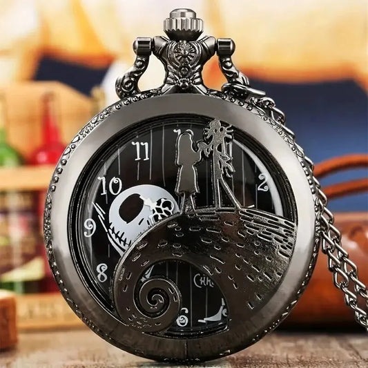 DEYROS Adults Quartz Black Face Bronze Metal Alloy Round Abrasion-Resistant Glass Face Skeleton Dial Movie-Nightmare Before Christmas Theme Silicone Strap Black Pendant Chain-Pocket Watches/Colors-Bronze/Black