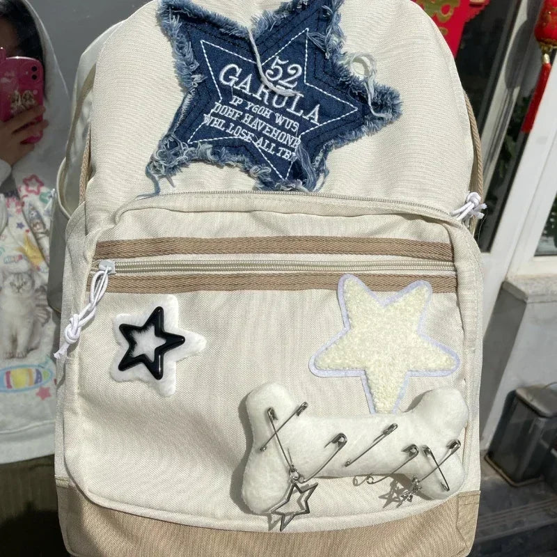 Women Waterproof Lightweight White Nylon Fabric Blue Star Korean Kawaii Design Metal Zipper Multi-Pockets Polyester Lining Two Shoulder Straps-Handles School Backpacks/14 Inch Built-In Laptop Pocket/Colors-Geometric/Beige/Pink/Green/White