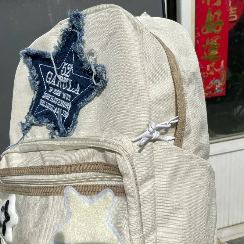 Women Waterproof Lightweight White Nylon Fabric Blue Star Korean Kawaii Design Metal Zipper Multi-Pockets Polyester Lining Two Shoulder Straps-Handles School Backpacks/14 Inch Built-In Laptop Pocket/Colors-Geometric/Beige/Pink/Green/White