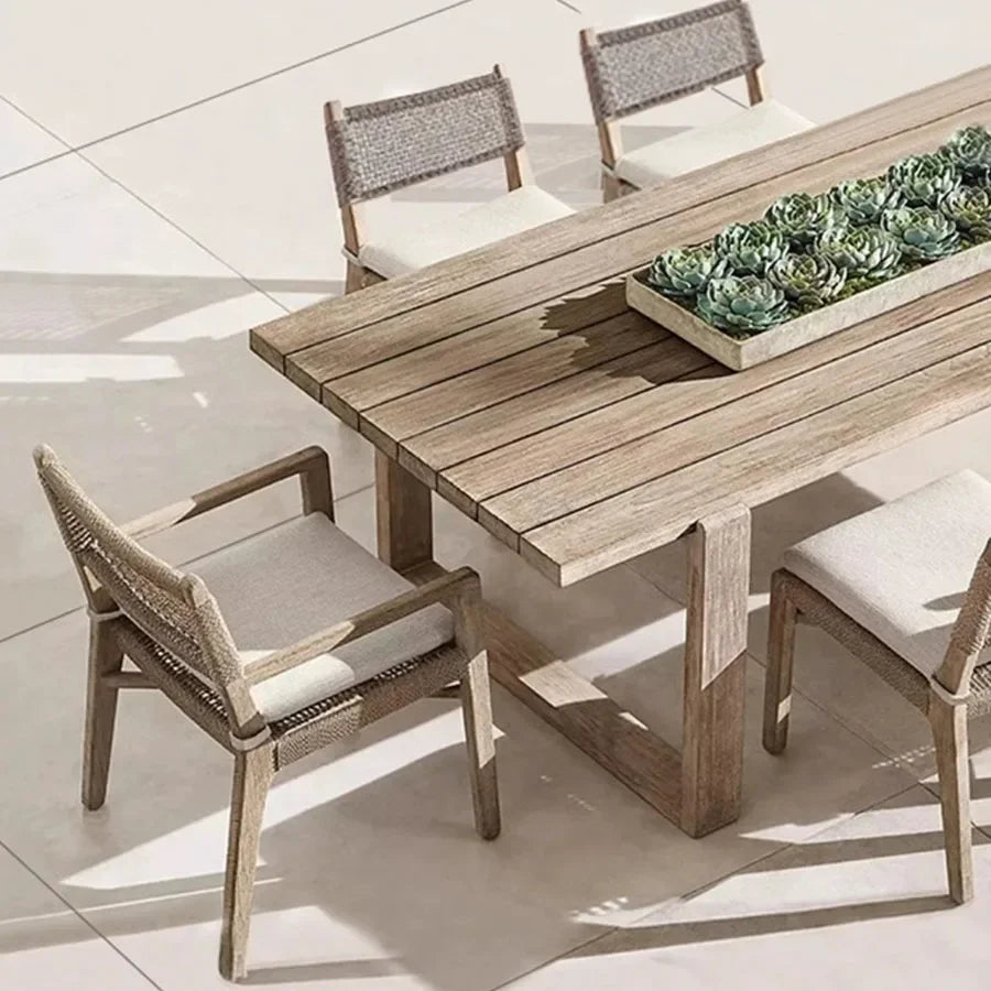 No-EN-Name-Null Outdoor European Free-Standing Brown Rectangle Shaped Wood Frame Table-Bench-Six Mesh Backrest Fabric Beige Cushions Chairs Sets/Colors-Brown/Beige