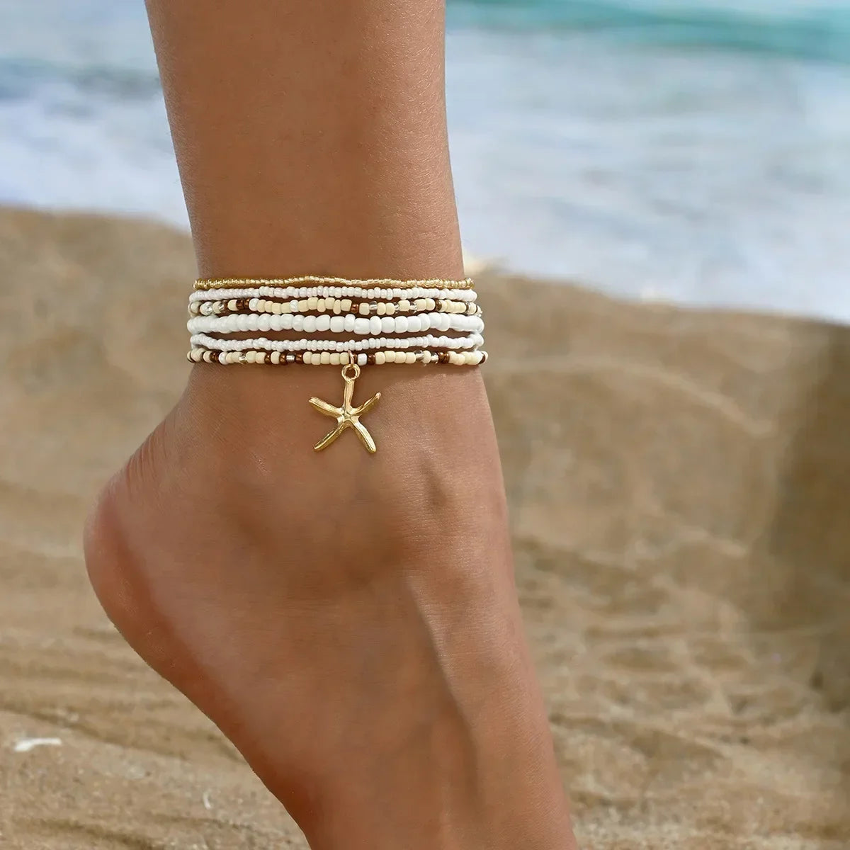 No-EN-Name-Null Women Geometric Multilayer Bohemia Acrylic Rice Bead Starfish Pendant Cable Chain Link Anklets/Colors-Brown/Gold/Geometric/Multicolor
