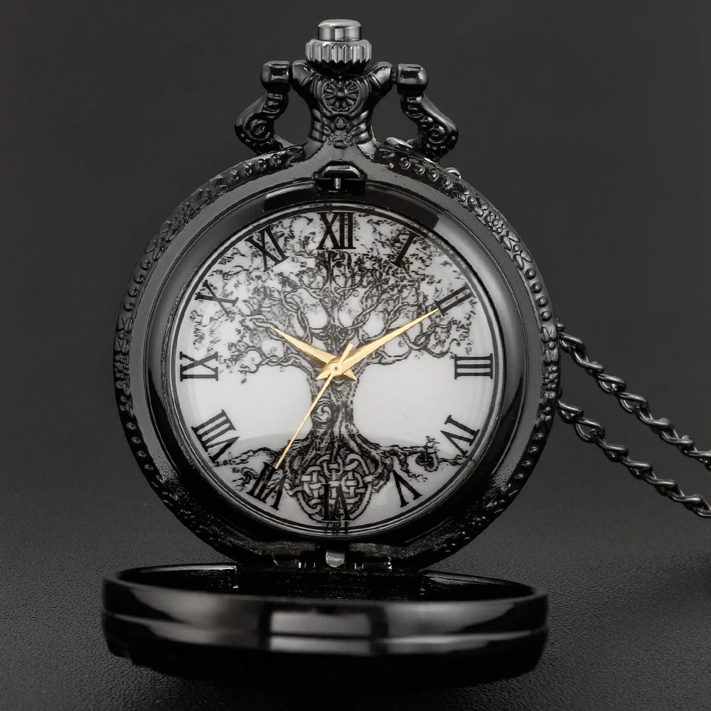 SHUHANG Unisex Adults Waterproof Vintage Antique Acrylic Face Black Round Shaped Quartz Movement Stainless Steel Metal Case Analog Display All Black Roman Numeral Hallow-Out Garden Of Eden Tree Of Life Sweater Necklace Chain-Pocket Watches