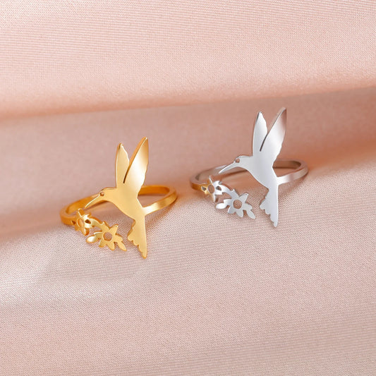Skyrim Adult Women Metal Gold-Silver Plated Hummingbird-Flowers Open Adjustable Imitation Finger Rings