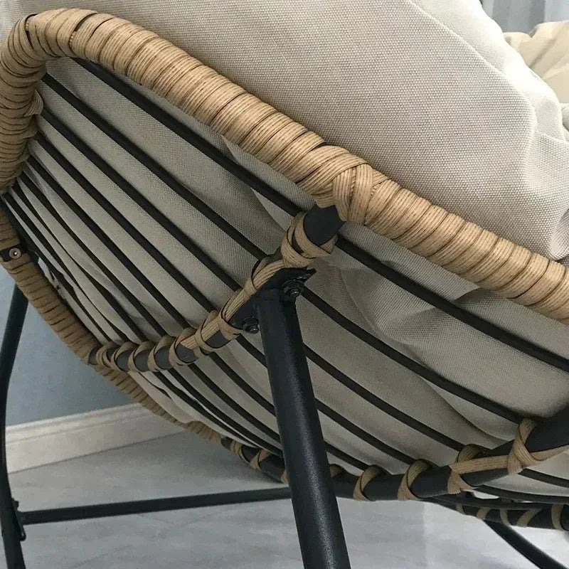 No-EN-Name-Null  Modern Indoor One Person Soft Upholstered Padded Bird Nest Thick Linen Multicolor Cushions Rattan Seat Bottom Black Metal Frame Reclining Rocking Chairs/Colors- Gray/Beige/Black/Brown/Multicolor