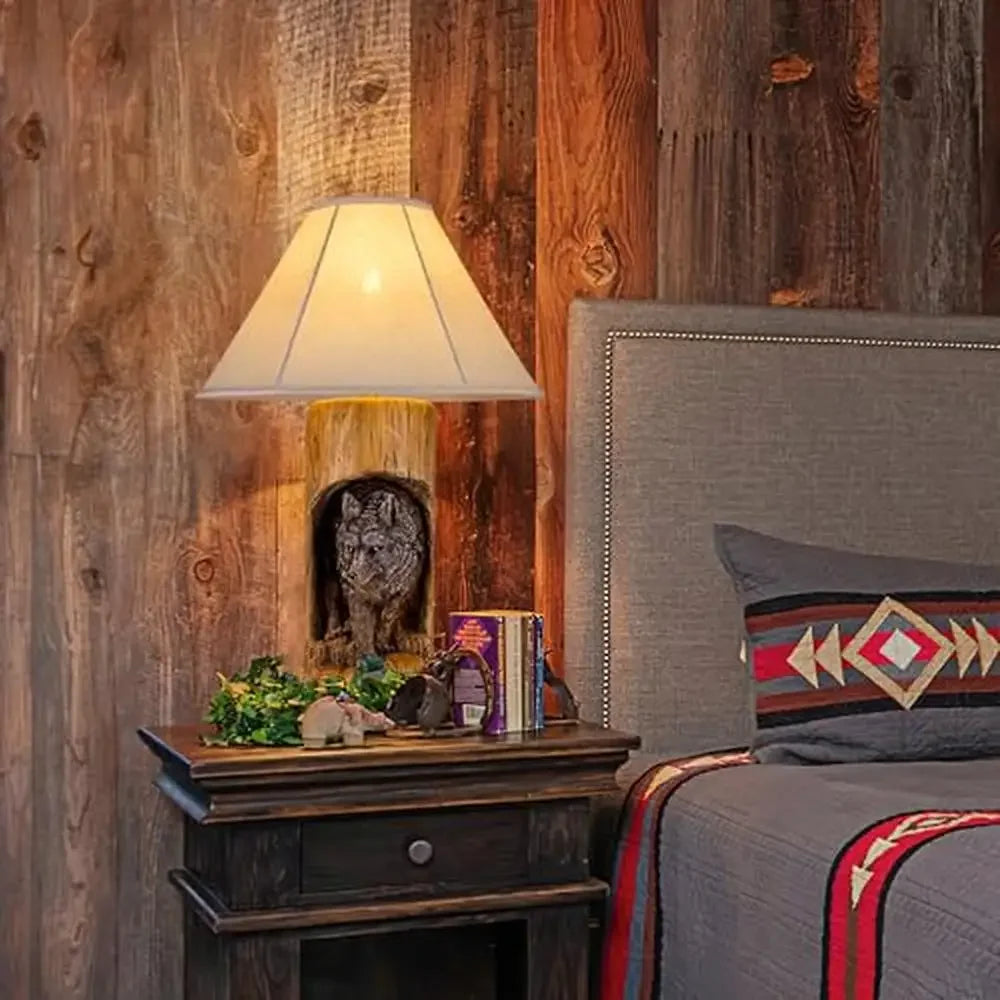 LED Light Rustic Brown Linen Shade Resin Wolves In The Wild Sculpture Wood Table Base Desk Lamps