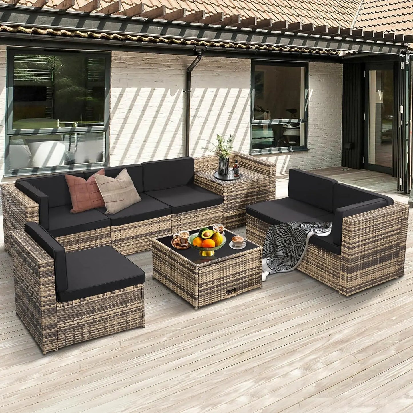 RUO WU 8 PCS Modern Geometric Black-Brown-Beige Zippered Waterproof Soft Cushions-Natural Wicker Rectangular Patio Rattan Outdoor Furniture Sets/Tempered Glass Coffee Table-Storage