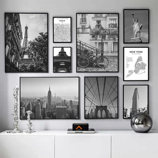 Unframed Canvas New York City-Brooklyn Bridge-Paris Tower/ Colors-Black/ White