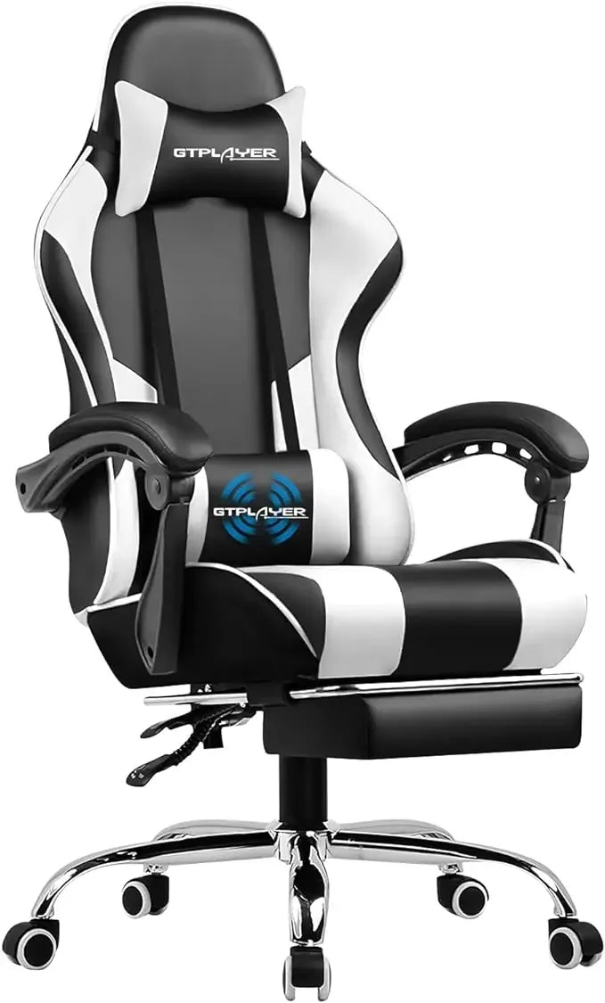 XMSJ Ergonomic Upholstered Padded Black Faux Leather Adjustable Headrest Neck-Back Massaging Lumbar Support Metal Frame Gaming Chairs/5 Plastic Wheels/Colors-Black/Purple/Gray/White/Multicolor
