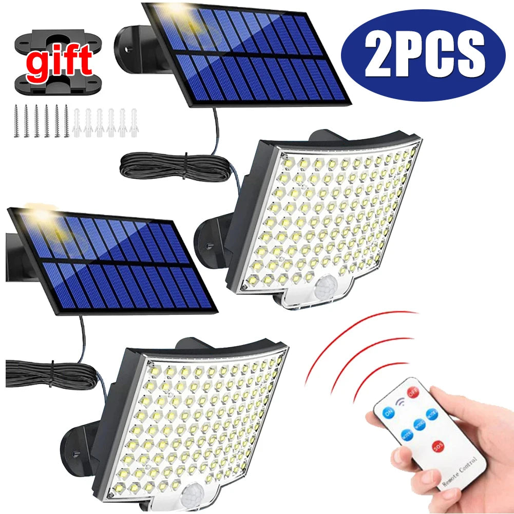 Outdoor Modern Remote Control Weatherproof Durable Plastic Rectangle Black-White Body Dimmable Super Bright 106 LED Adjustable Four-Modes Solar-Powered Split Waterproof Emergency Motion Sensor Wall-Mounted Security Lights