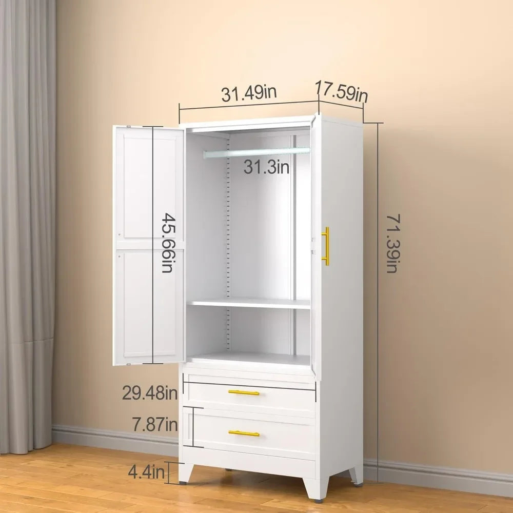 No-EN-Name-Null Modern Rectangle Large White-Black-Gray Two Door Storage Closet Adjustable Shelves One Hanging Steel Metal Rail Rod Two Sliding Drawers Armoire Wardrobes/ Size: 17.72"D x 31.5"W x 70.87"H