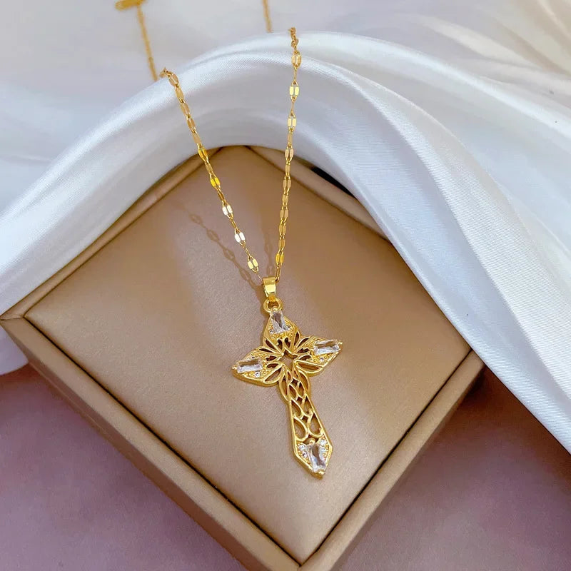 No-EN-Name-Null Women Fine Imitation Stainless Steel Gold-Plated Metal Cubic Zirconia All-Crystal Clear White Shiny Diamond Accents Stones Cross Pendant Necklaces/Colors-Brown/Clear/Green/Gold/Pink