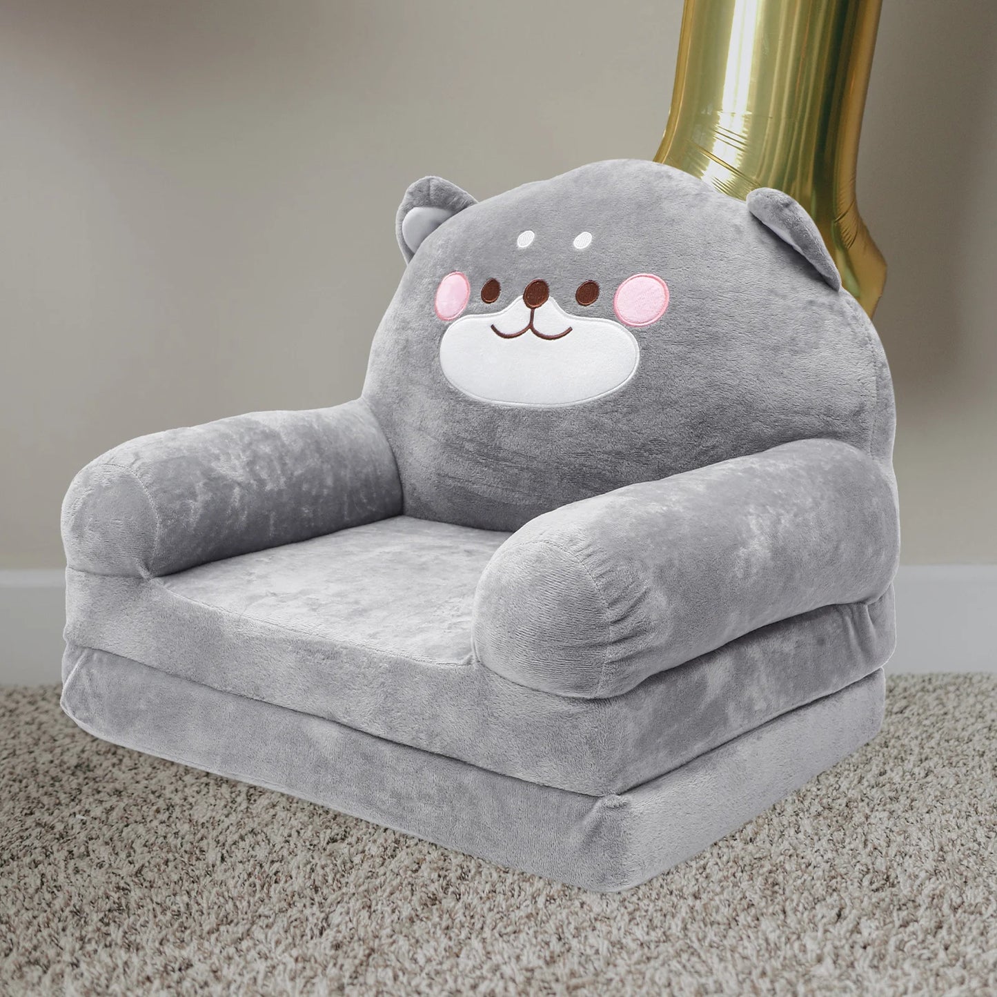 No-EN-Name-Null Modern Free-Standing Soft Gray Polyester Fabric Smiling Bear Face Design Folding Out Plush Armchair-Sofa Babies-Toddlers Furniture Sets
