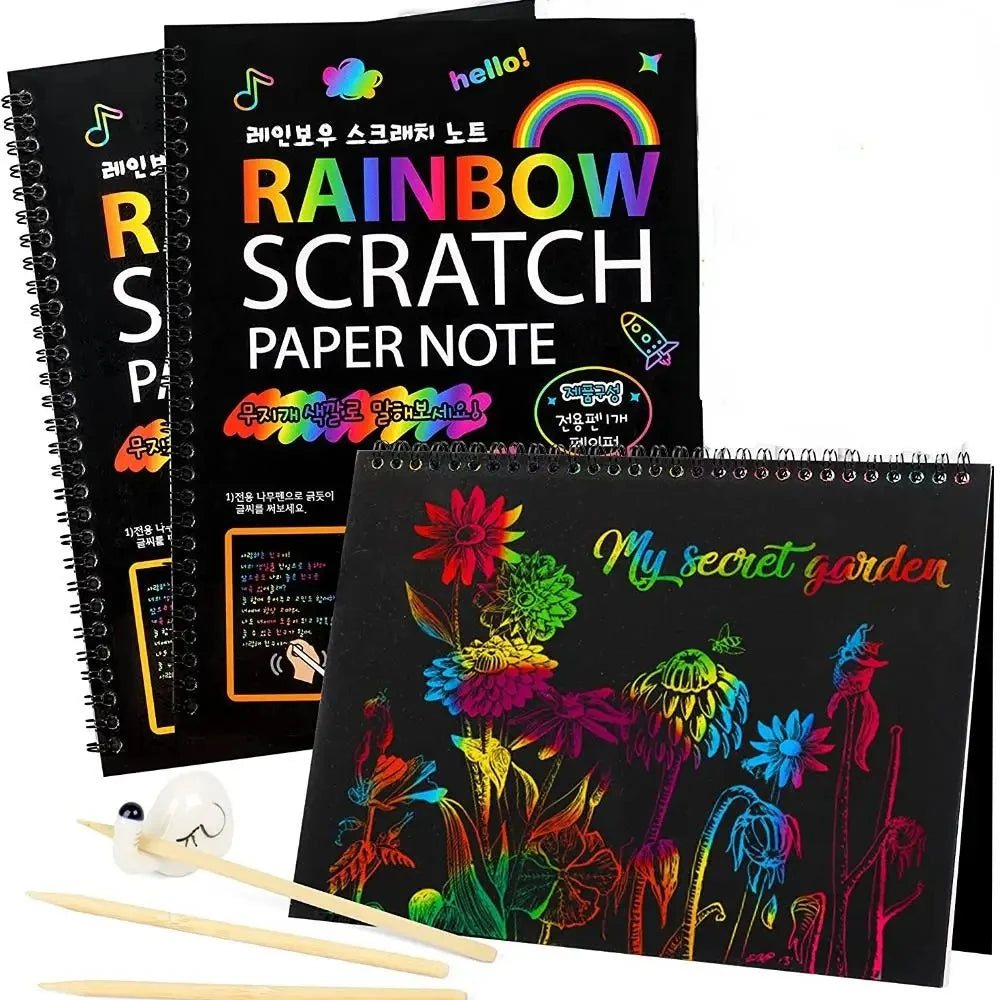 No-EN-Name-Null Kids Coloring-Paint Learning Magic Rainbow Scratch Off Paper Cards Note Books Craft Kits /Colors-Green/Yellow/Pink/Blue/ Ages-3 Years Old-Older