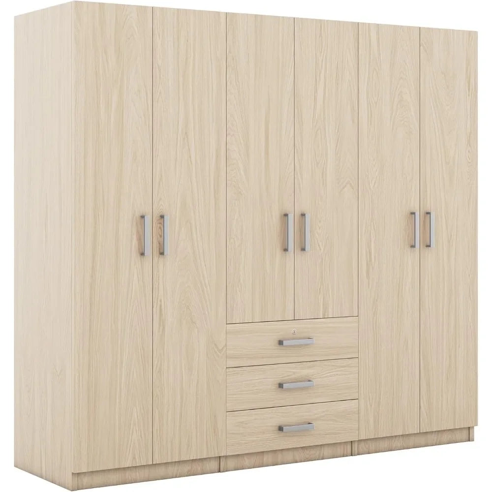 TONGYUE Modern Beige Large Six Doors Three Drawers MDF Wood Triple Wardrobes /Colors-Beige/Brown/White/Gray/ Dimensions: 19.2"D x 70.9"W x 68"H