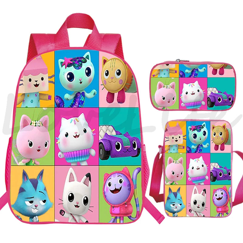 JUNBIE Kids Waterproof Pink Nylon Fabric Cute Cartoon Gabby's Dollhouse Design Zippers Curve Back Shoulder Straps-Handle Built-In Laptop Compartment External Pockets Backpacks/Colors-Pink/Multicolor