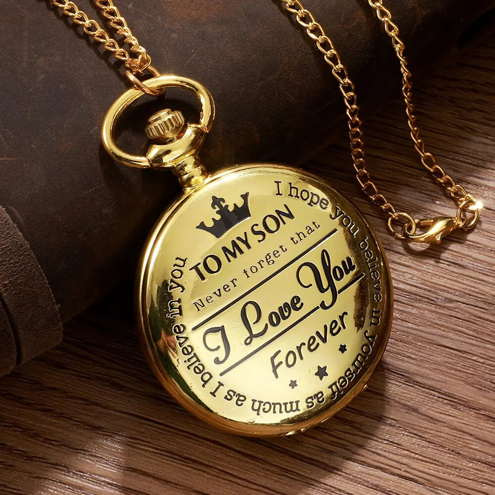 Unisex Adults Waterproof Antique Glass Face Quartz Analog Display To My Son-I Love You-Forever Design Gold-Silver Round Shaped Metal Alloy Case Vintage Steampunk Roman Numerals Gold Necklace Chain-Pocket Watches