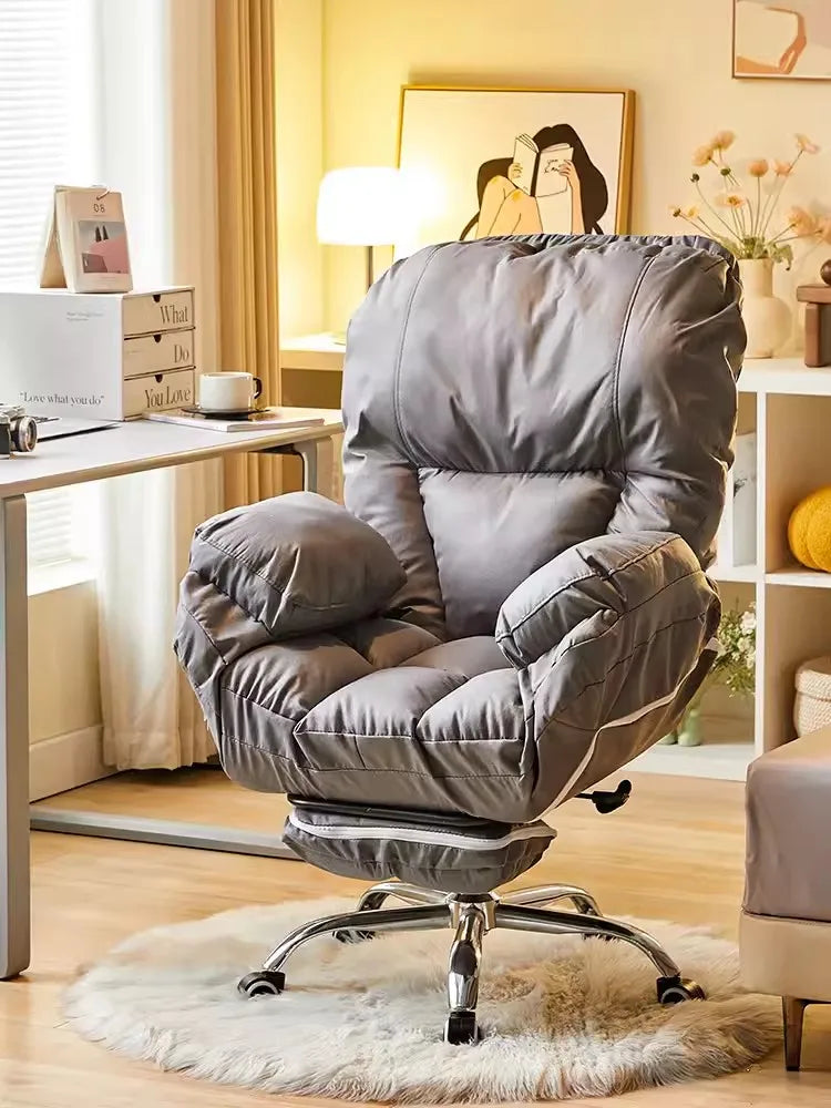 No-EN-Name-Null Mahjong Beige Upholstered Soft Plush Comfortable Fabric Adjustable Rotating Armed Five-Point Metal Four Roller Wheels Base Computer Office Chairs/Pull-Out Footrest/ Colors-Gray/Pink/White/Blue/Beige