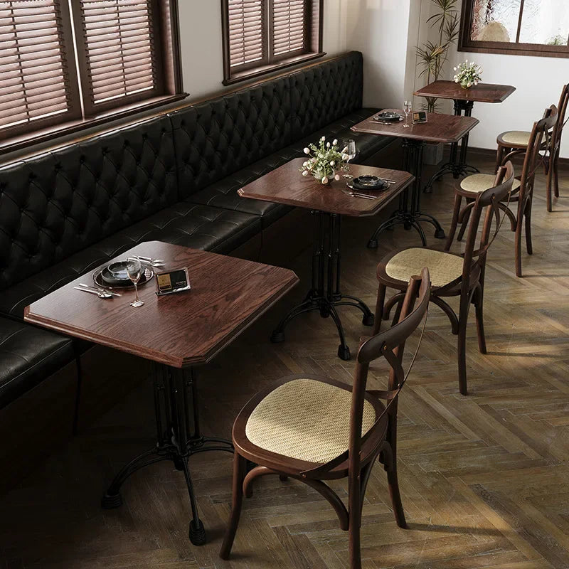 2 PCS Set Brown Cafe Solid Oak Tables 4 Beige Mesh Flat Bottom Full Back Upholstered Padded Chairs Black Metal Legs /Bench/Bar Stools/Colors-Black/Beige/Brown