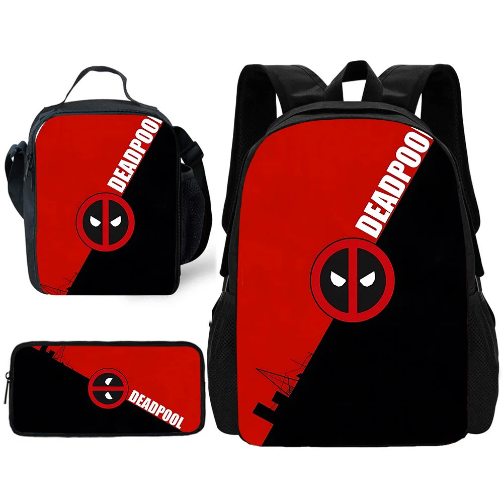 MINISO 3 PCS Waterproof Curved Back Nylon Fabric Cartoon Smiling Critters Super Hero Adjustable Straps-One Handle School Backpacks /Lunch Bags/Pencil Bag/Tablet Inserting Pocket/Water Bottle Pocket/Colors-Red/Black/Purple/Multicolor