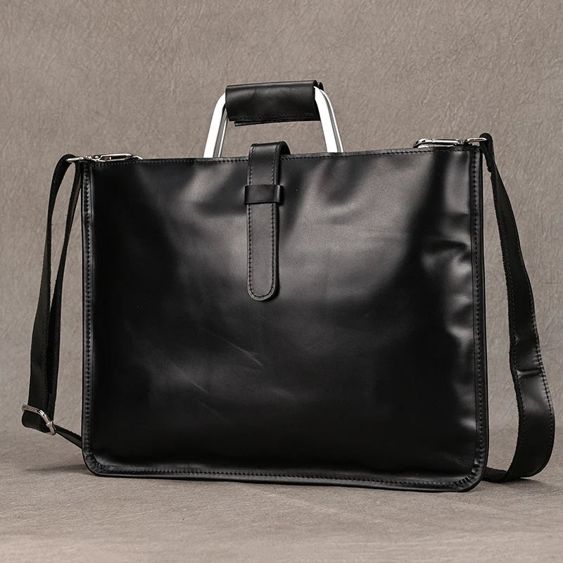 NEWSBIRDS Adult Unisex Modern Two Handles-One Shoulder Strap Rectangle Brown-Black Cowhide Leather Metal Zipper Polyester Lining A4 File Documents Built-In 14 Inch Laptop Single Compartment Business Handbags