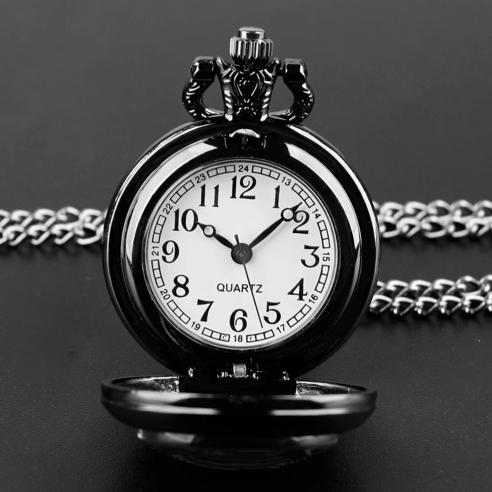 SHUHANG Adults Antique Quartz Digital Display Black Round Shaped Stainless Steel Metal Case Acrylic Face Painted Red Rose Green Leaves Design Black Chain-Pocket Watches