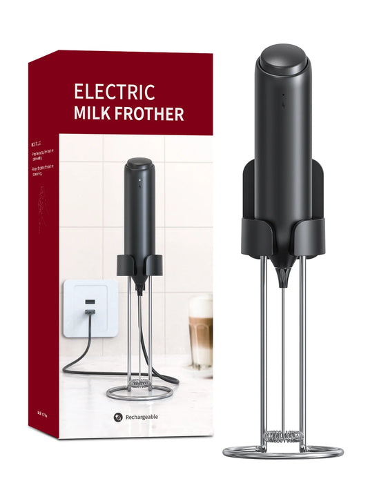 USB Black Rechargeable Handheld Stain Steel Stirring Head Electric Milk Frother Wand