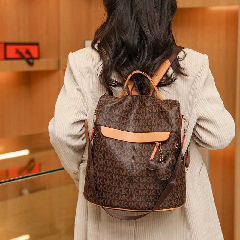 Cartoon trend bear print women backpack, texture anti-theft all-in-one travel backpack, playful bear hanging ornaments