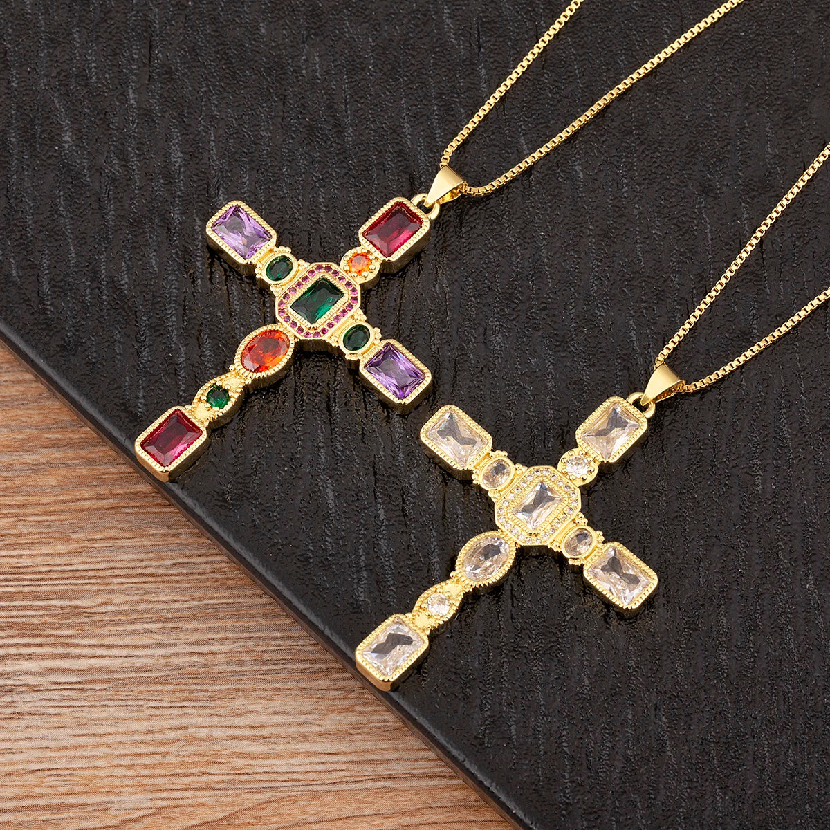 NIDIN Adults Fine Imitation Religious Christian CROSS AAA Large Size Cubic Zirconia Geometric Multicolor-Shiny Clear White Diamond-Like Accents Stones Copper-Gold-Plated Metal Pendant Chain Link Necklaces/Colors-